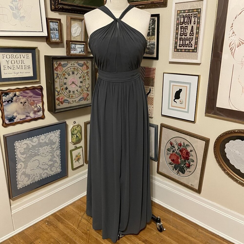 Bill Levkoff Charcoal Halter Maxi Dress With Pleated Bodice & Open Back Size 10